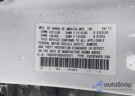 2014 Honda Accord Ex-L from USA, damaged, VIN 1HGCR2F89EA009021
